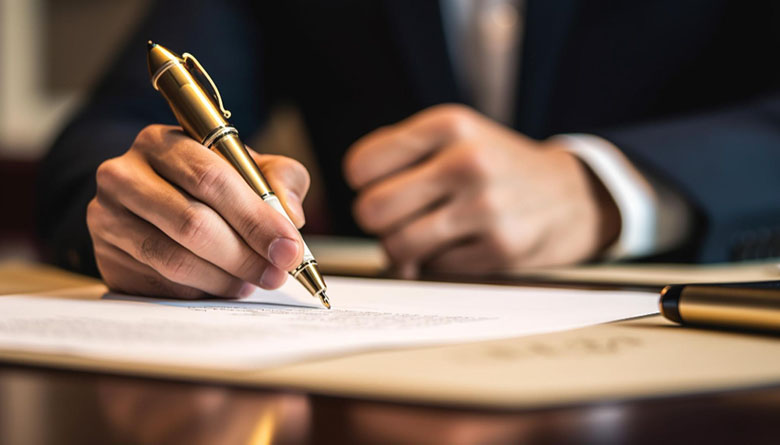 Person signing a document with a gold pen.