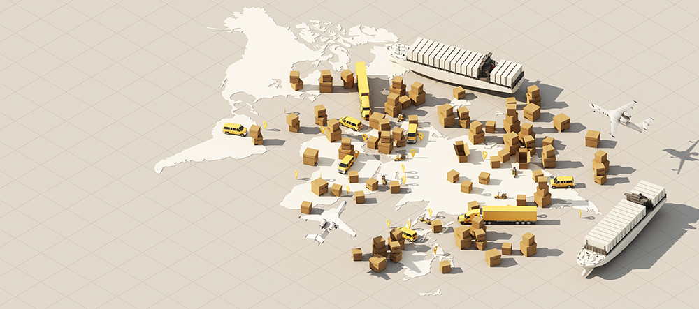 the Earth world map surrounded by cardboard boxes, a cargo container ship, a flying plane, a car, a van and a truck with gps location on white background 3D rendering isometric view