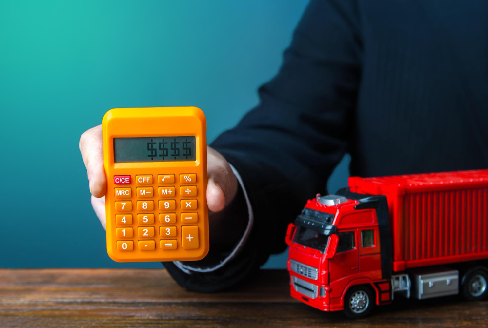 Person holding calculator with toy truck.
