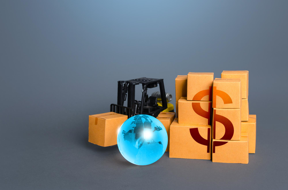Miniature forklift, boxes, globe, dollar sign concept.