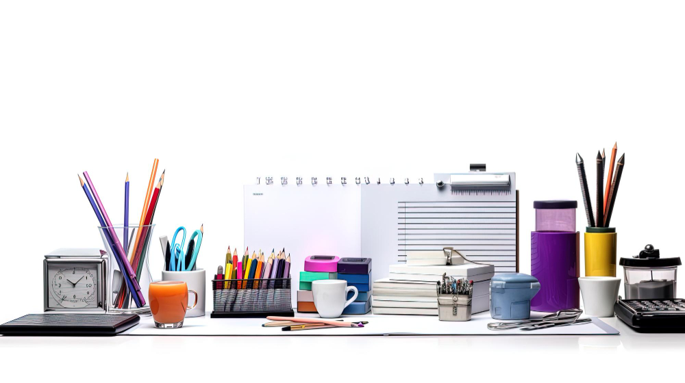 office supplies on the desk with work environment
