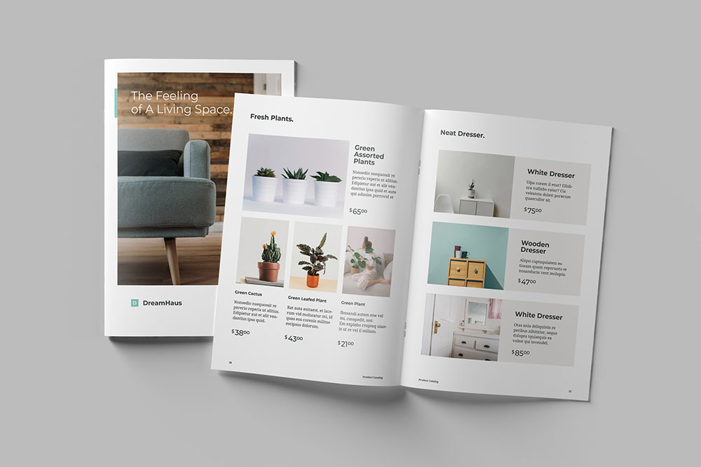 Interior design catalog featuring furniture and plants.