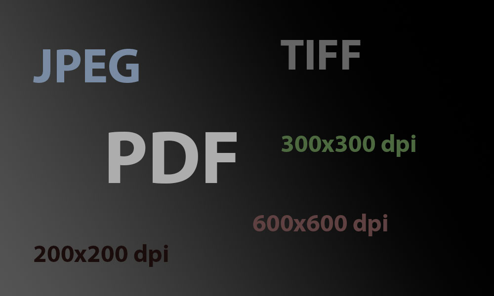 various file formats and resolution written on top of grey background