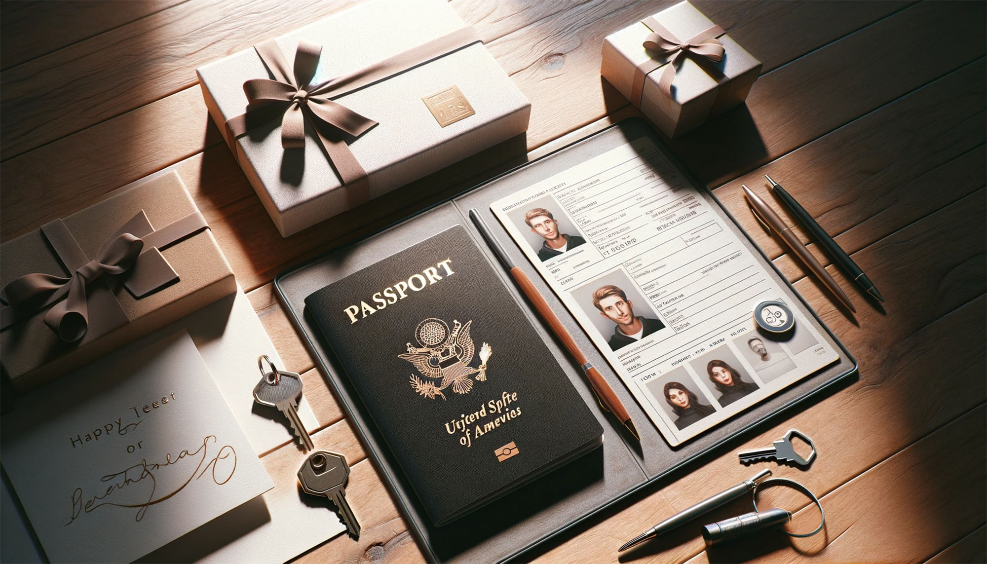 A realistic top view of a desk, featuring a passport, a couple of passport-sized photos, two keys on a key ring, a gift box, and a greeting card copy