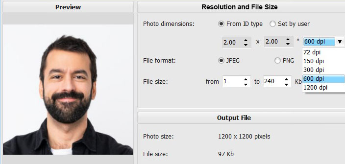 Man in image resolution settings interface.
