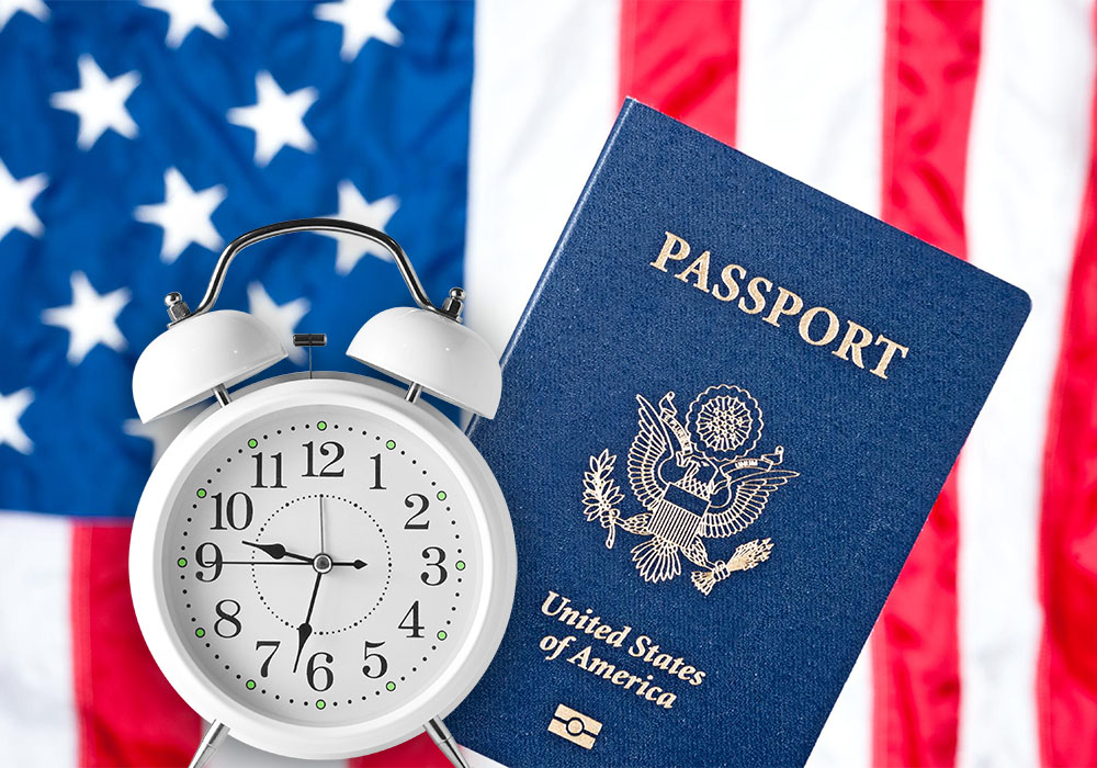 passport over the flag showing a table alarm clock on top indicating urgency copy