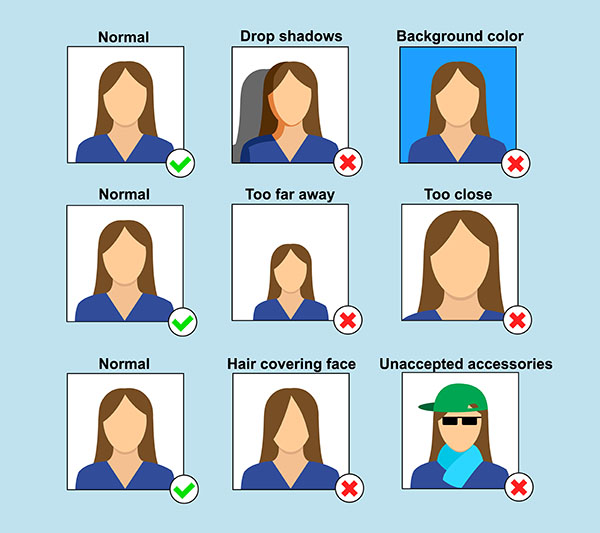 ID photo guidelines chart with correct and incorrect examples.