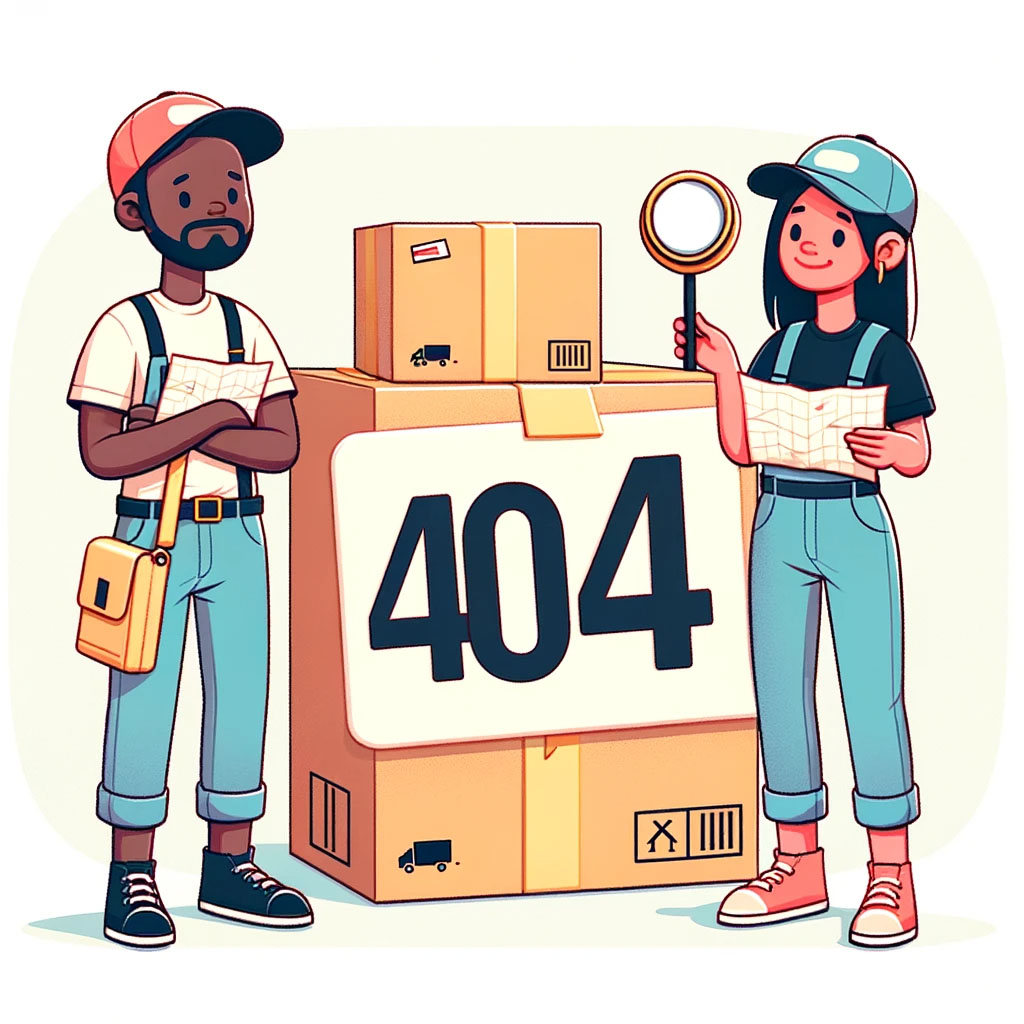 A balanced and inclusive 404 error page graphic for a pack and ship business. The image features two cartoonish delivery people, one of Black descent