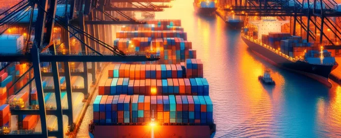 A bustling international shipping port at sunset, with containers being loaded onto a large cargo ship, cranes in operation