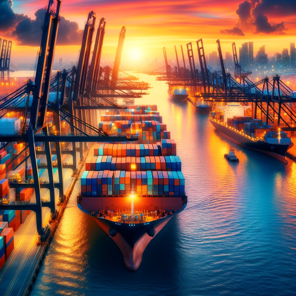 A bustling international shipping port at sunset, with containers being loaded onto a large cargo ship, cranes in operation