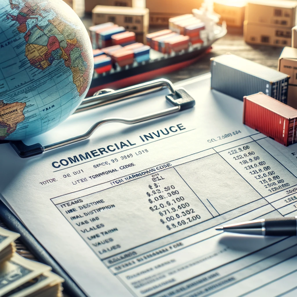 An up-close view of a commercial invoice document on a desk, with a globe, shipping containers, and international shipping documents in the background