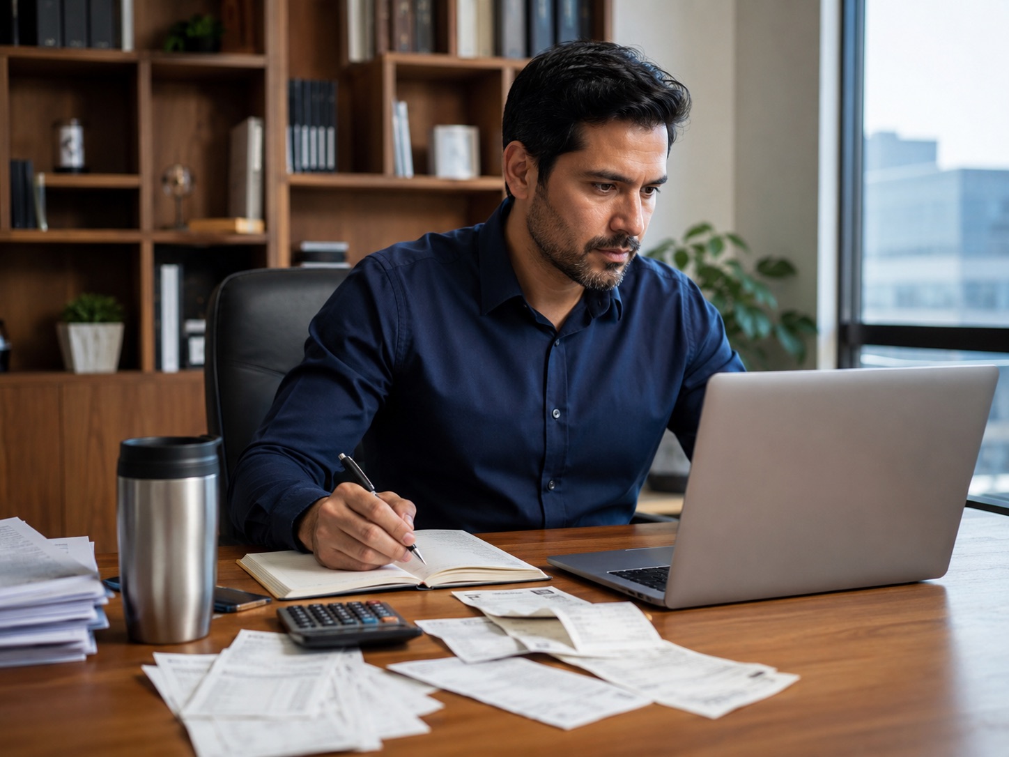 person reviewing monthly business transactions on laptop with notebook and receipts person reviewing monthly business transactions on laptop with notebook and receipts