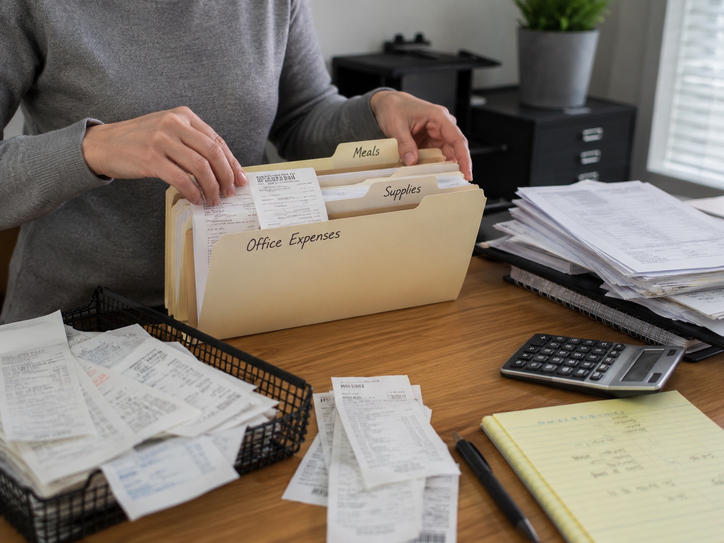 stack of receipts and folders being organized on a desk stack of receipts and folders being organized on a desk
